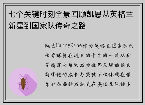 七个关键时刻全景回顾凯恩从英格兰新星到国家队传奇之路 七个关键时刻全景回顾凯恩从英格兰新星到国家队传奇之路
