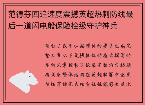范德芬回追速度震撼英超热刺防线最后一道闪电般保险栓级守护神兵