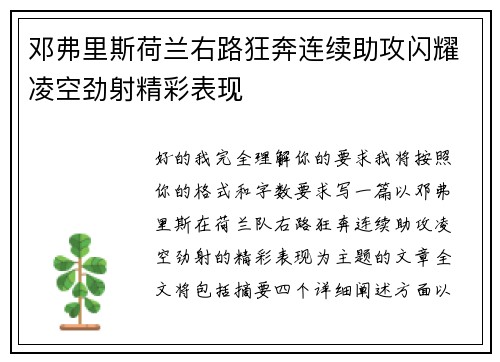 邓弗里斯荷兰右路狂奔连续助攻闪耀凌空劲射精彩表现